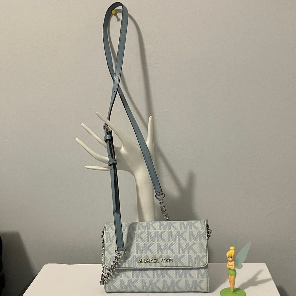 Michael Kors Light Blue Monogram Leather Crossbody Bag and Removable Strap.
